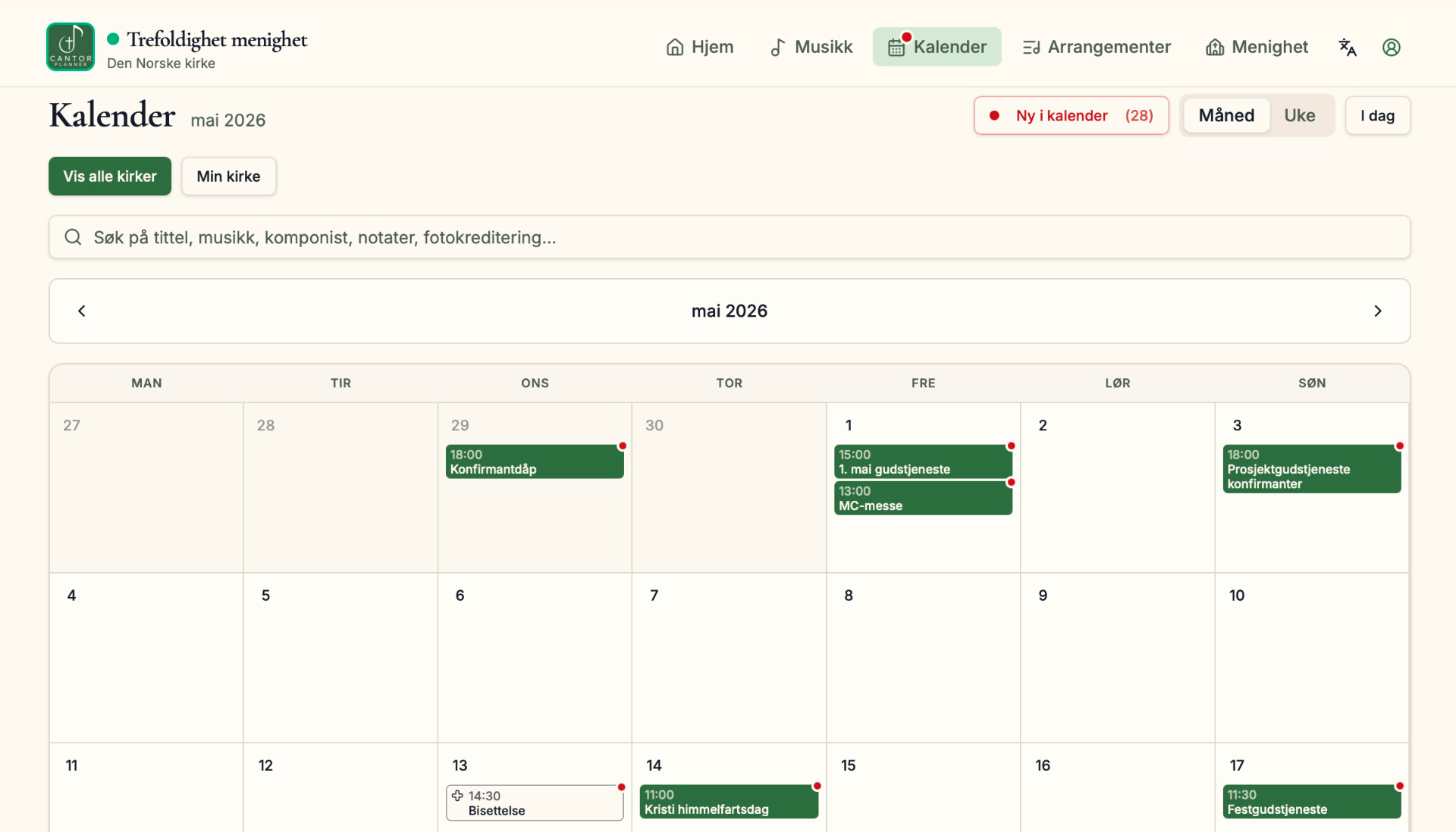 Kalender — full månedsoversikt